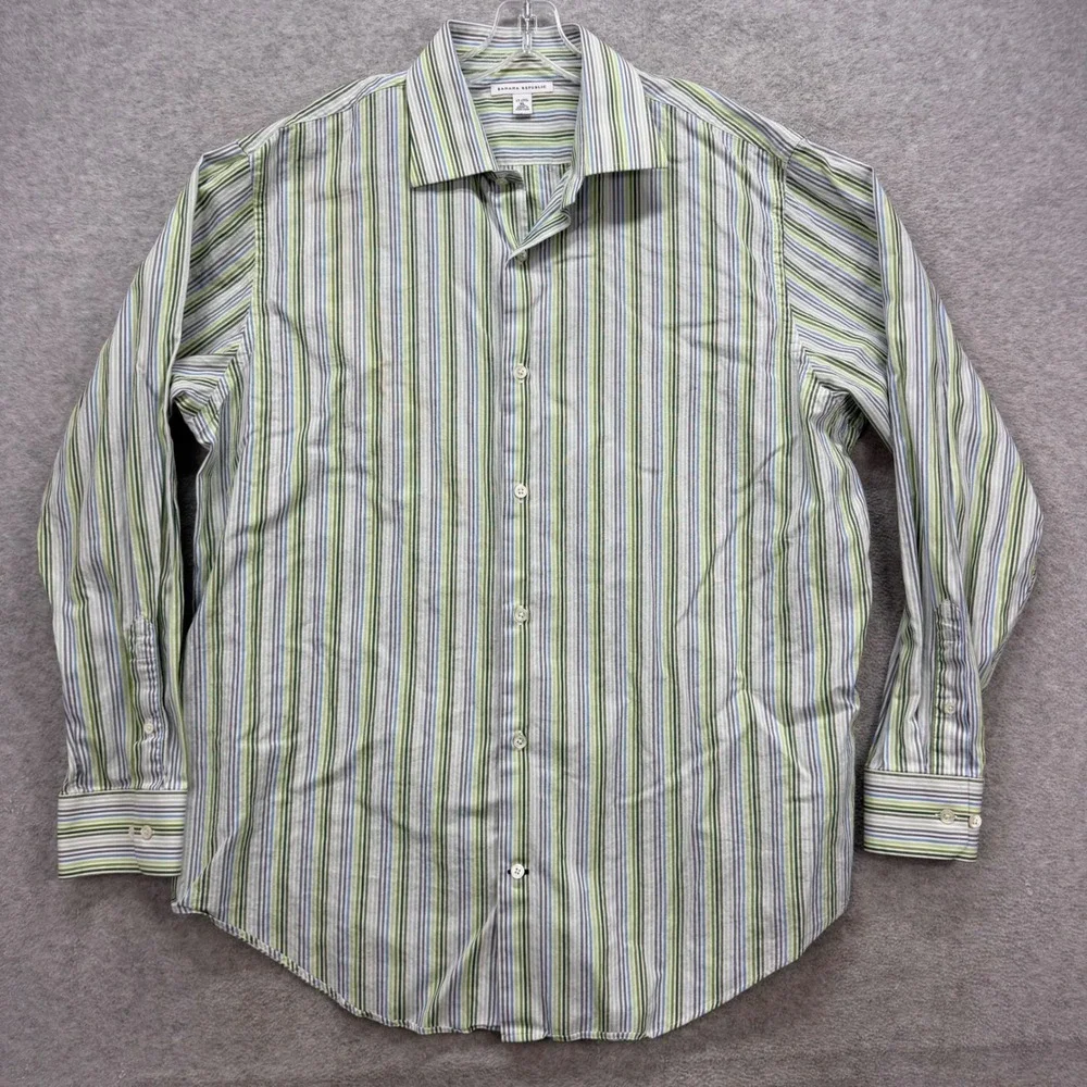 Banana Republic Shirt Mens XL Green Blue White Striped Dress Button Up‎ Oxford